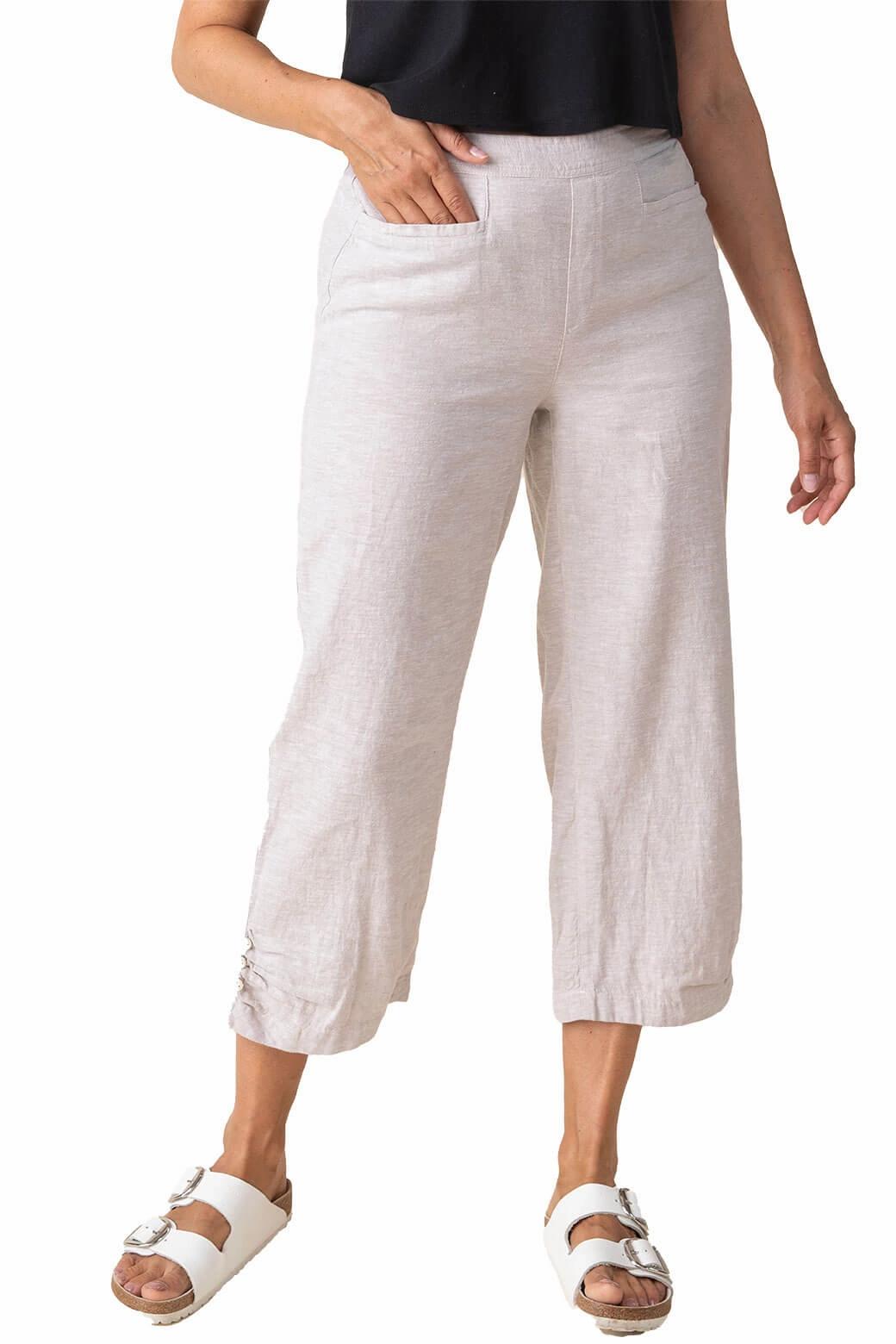 Triple Button Hem Linen-Blend Crop Pant Flexible Knees Hygienic Coating