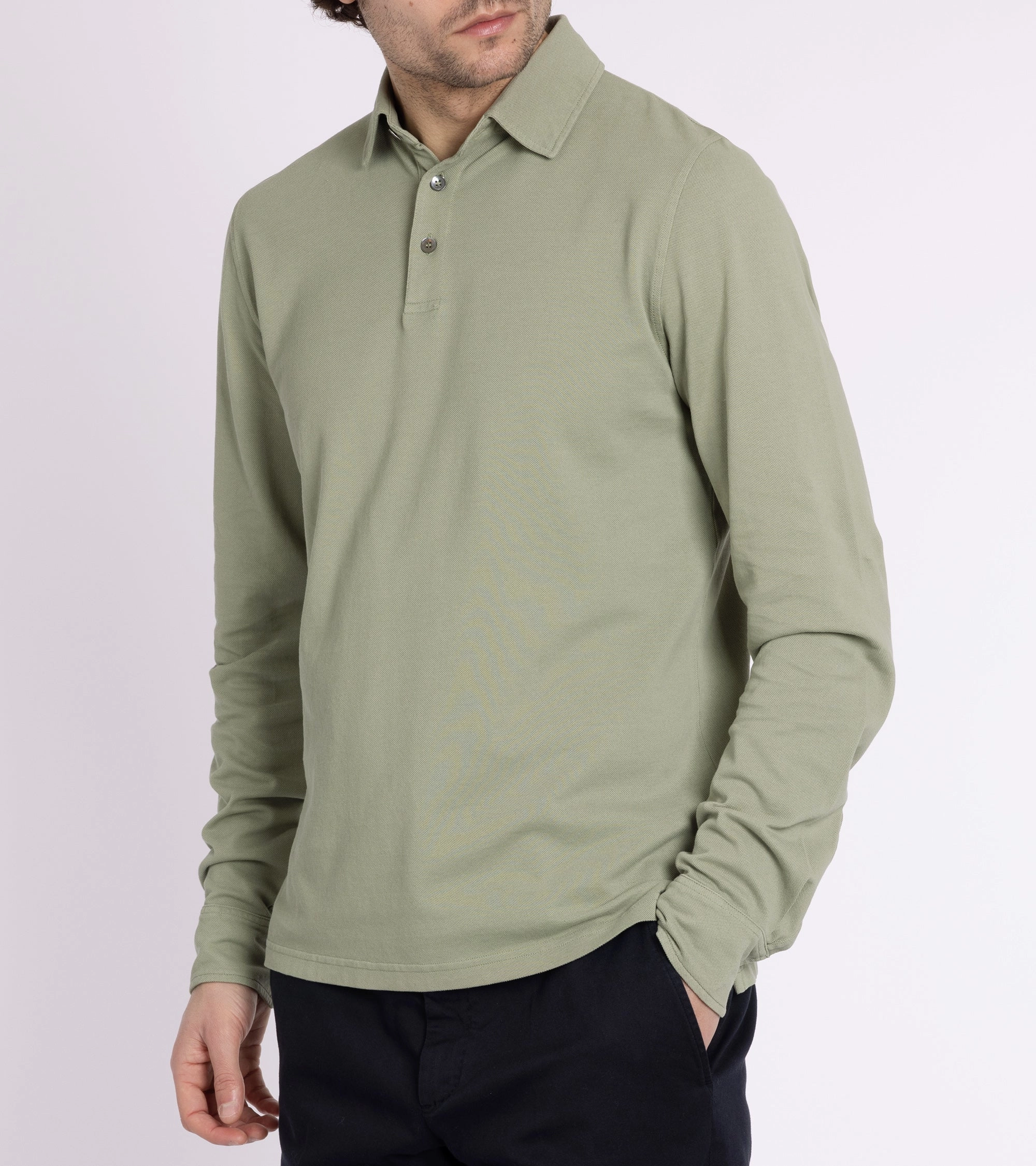 Stylish Choice FourButton Placket Trunk Moxon Long Sleeve Polo Shirt: Green Tea