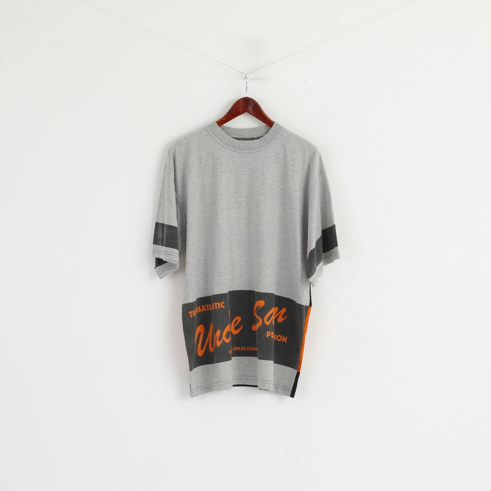 Uncle Sam Men M (L) Shirt Grey Cotton Sportswear Crew Neck Vintage Top Essential Comfort