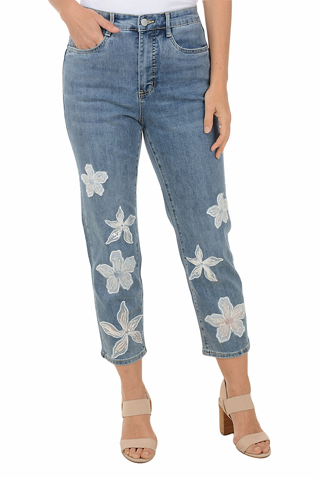 Casual Essentials Flexible Knee Articulation Floral Applique Denim Crop Pant