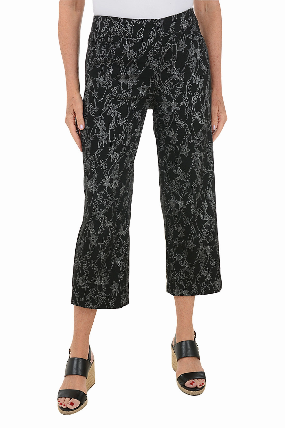 Floral Jacquard Wide Leg Crop Pant Soft Feel
