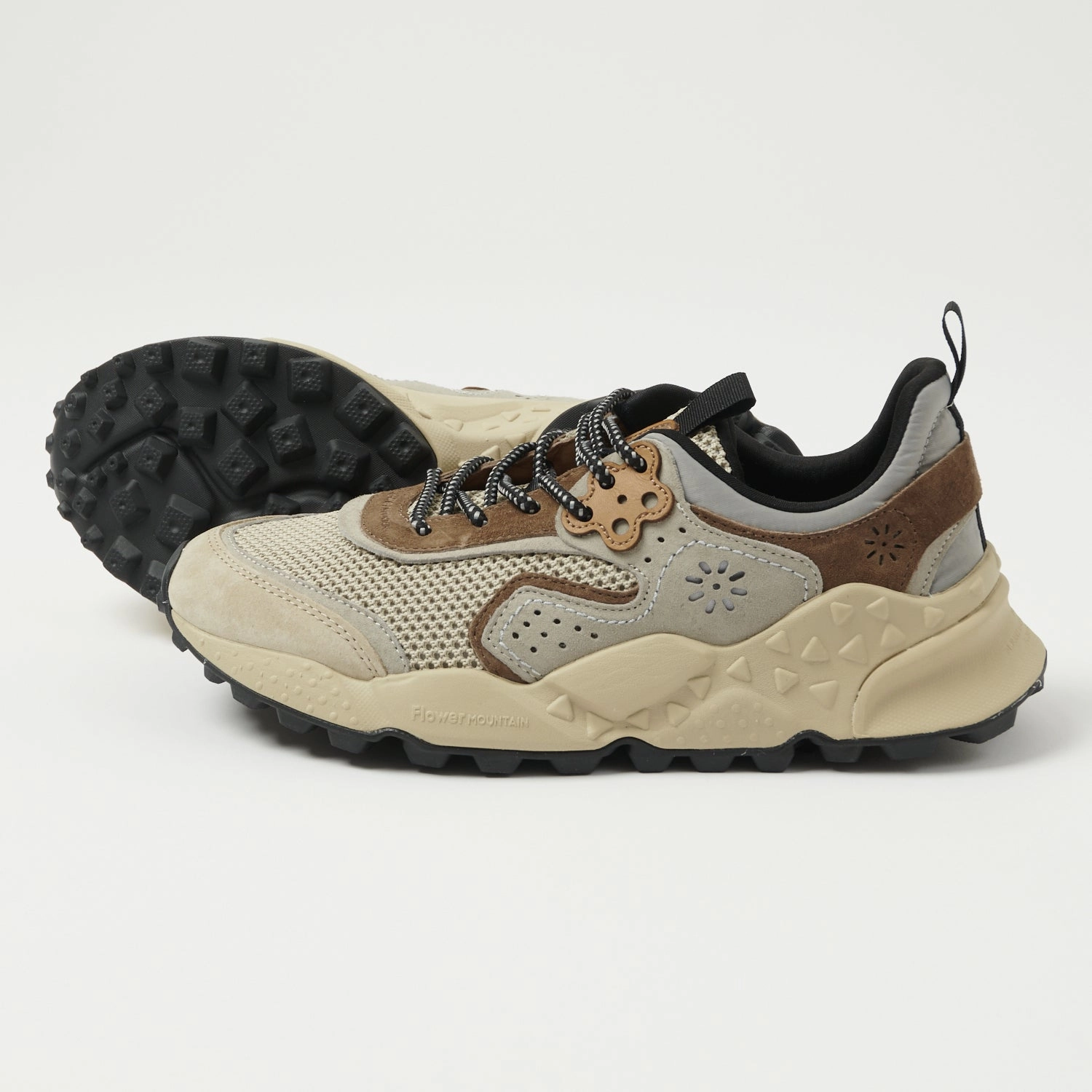 Flower Mountain Kotetsu Man Suede/Mesh Sneaker - Beige/Grey Busy Life Knit Upper