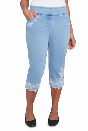 Flower Power Embroidered Denim Capri Pant Boho chic Sport Comfort