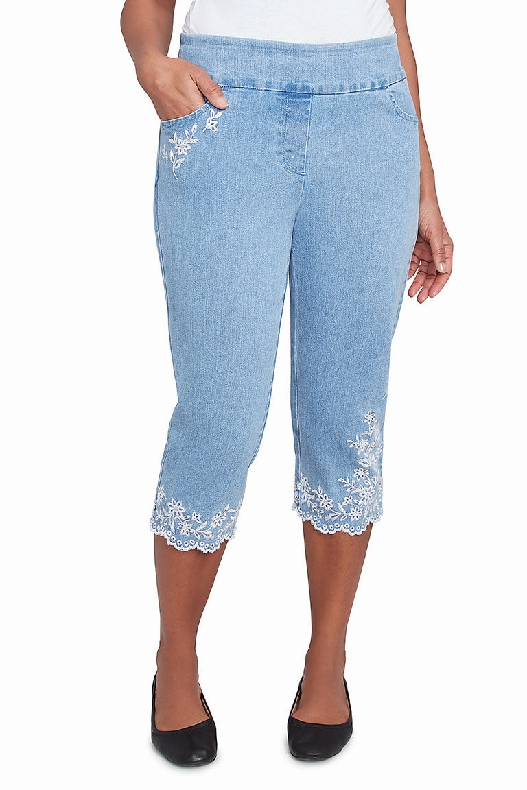 Flower Power Embroidered Denim Capri Pant Boho chic Sport Comfort