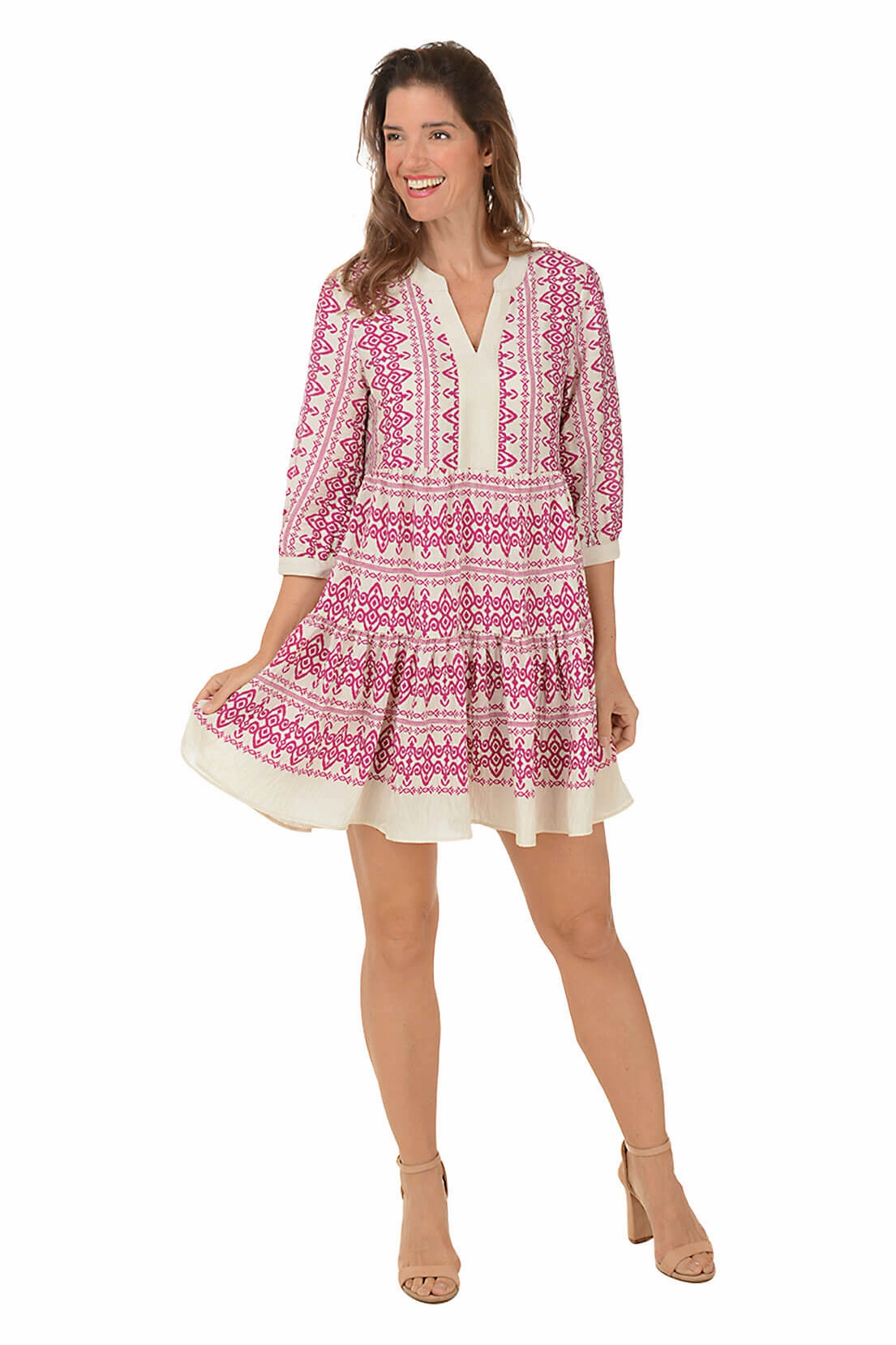 Edge Shape Magenta Bohemian 3/4 Sleeve Tiered Dress