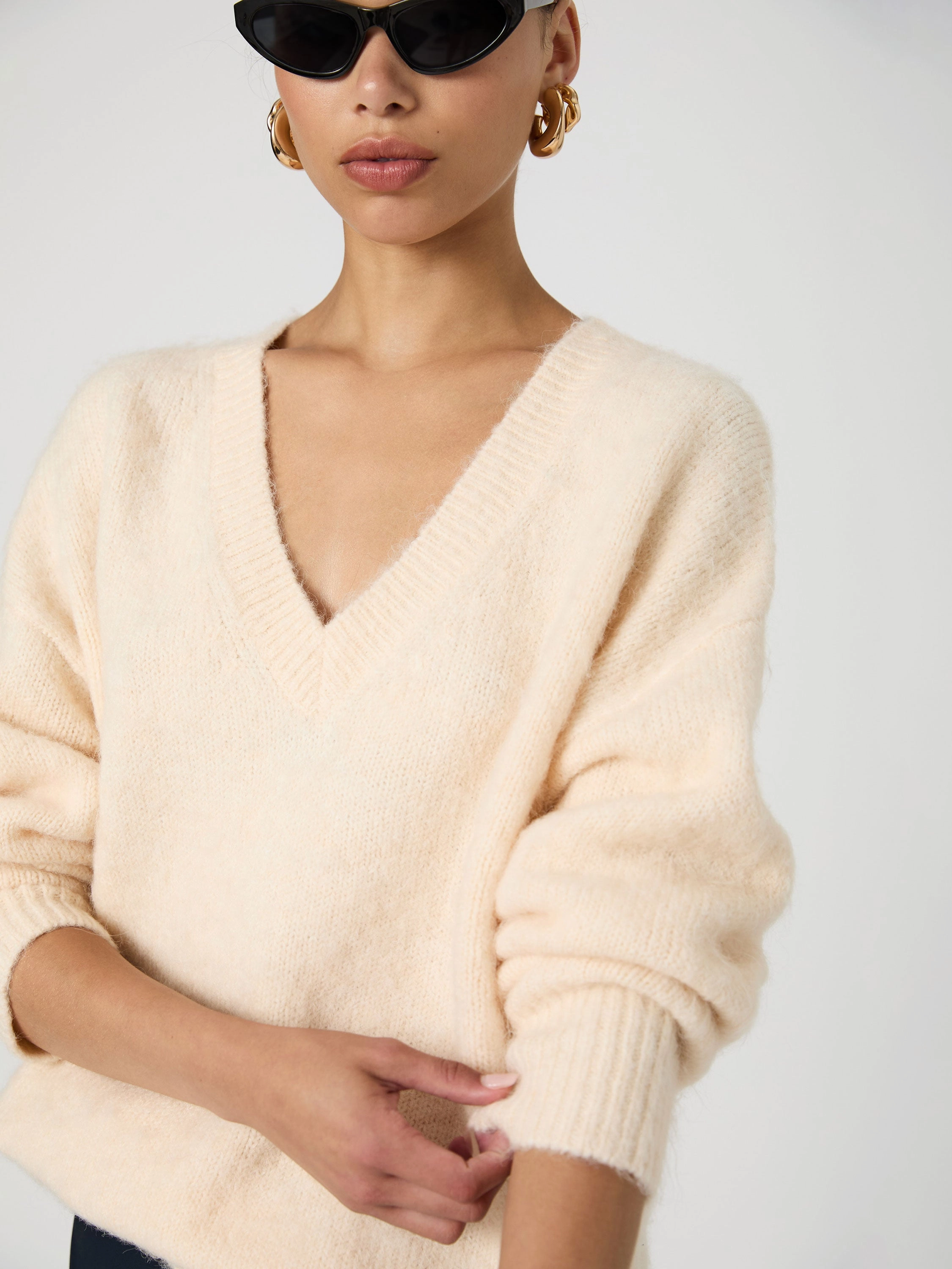 Layered Ventilation Design Fluffy Knit V Neck Oversized Sweater