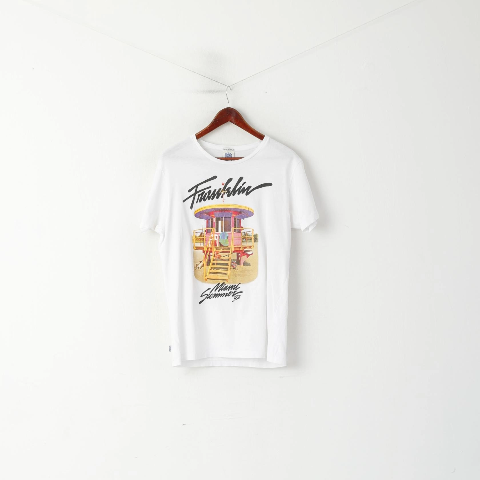 No-Fuss Design Franklin Marshall LAB Men M Shirt White Graphic Miami Summer '92 Top