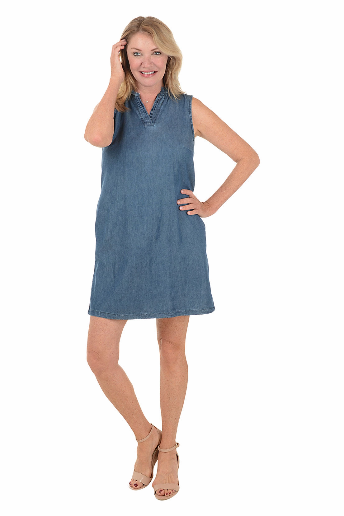 Smocked-Detail Frayed Collar Sleeveless Denim Dress