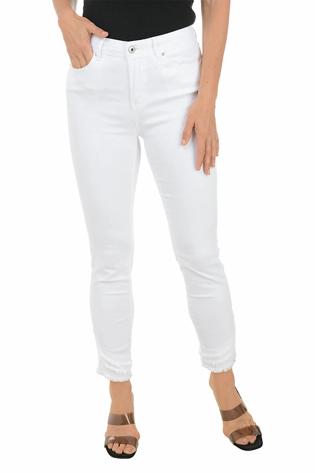 Frayed Curved Hem Denim Twill Ankle Pant MultiPocketDesign