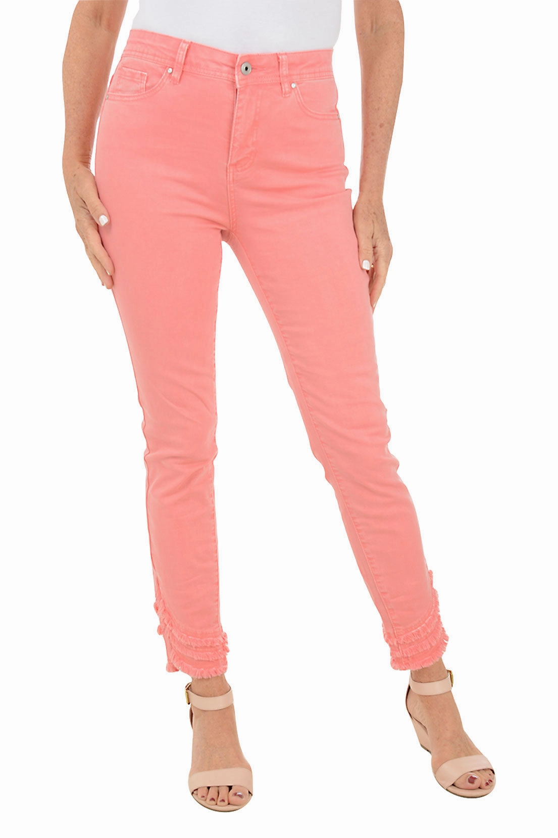 Noise Reduciting Fabric Outdoor activities Frayed Curved Hem Denim Twill Ankle Pant