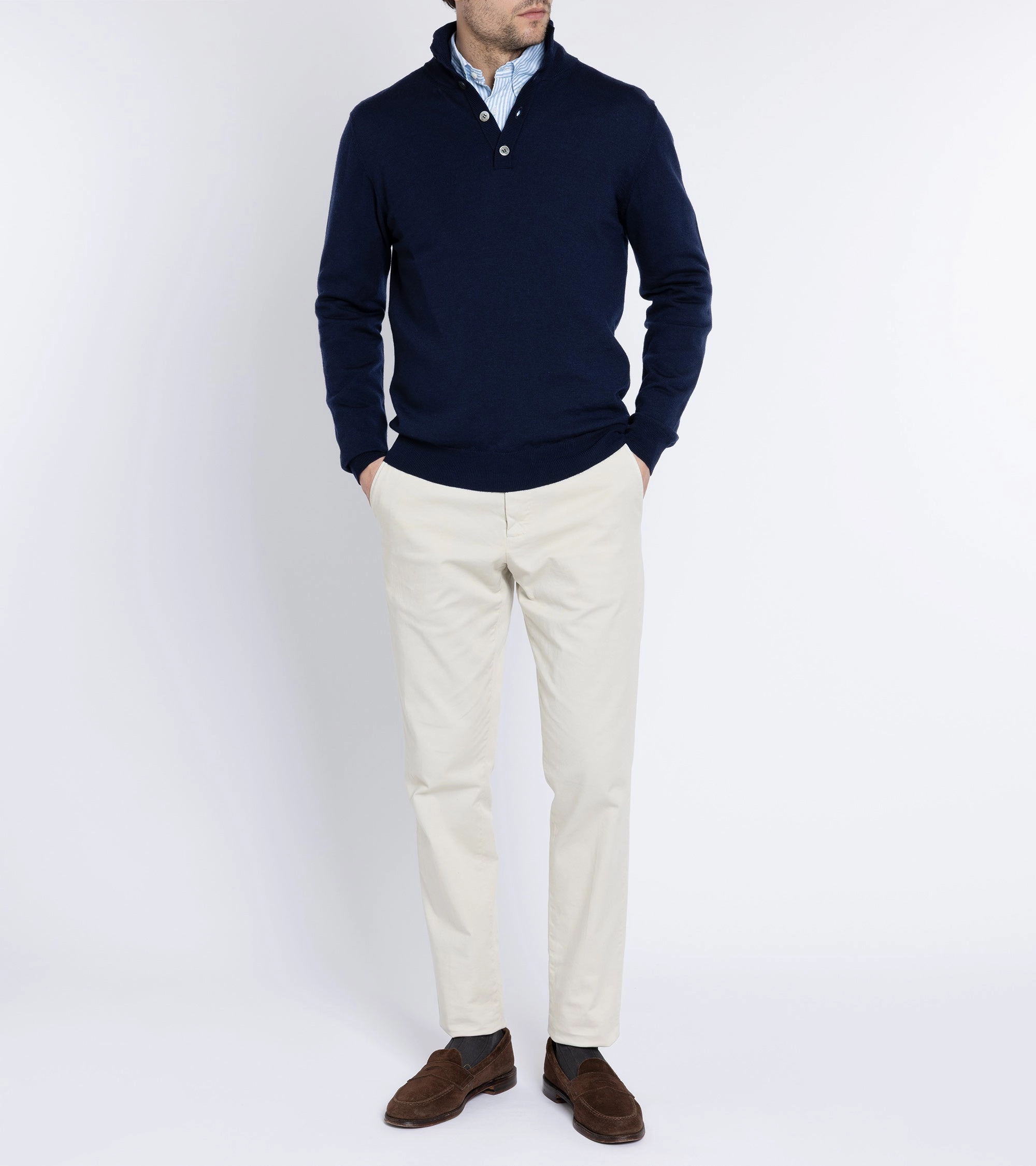 Non Chafing Fabric Chill Evening Trunk Bennet Merino Button Neck Sweater: Navy