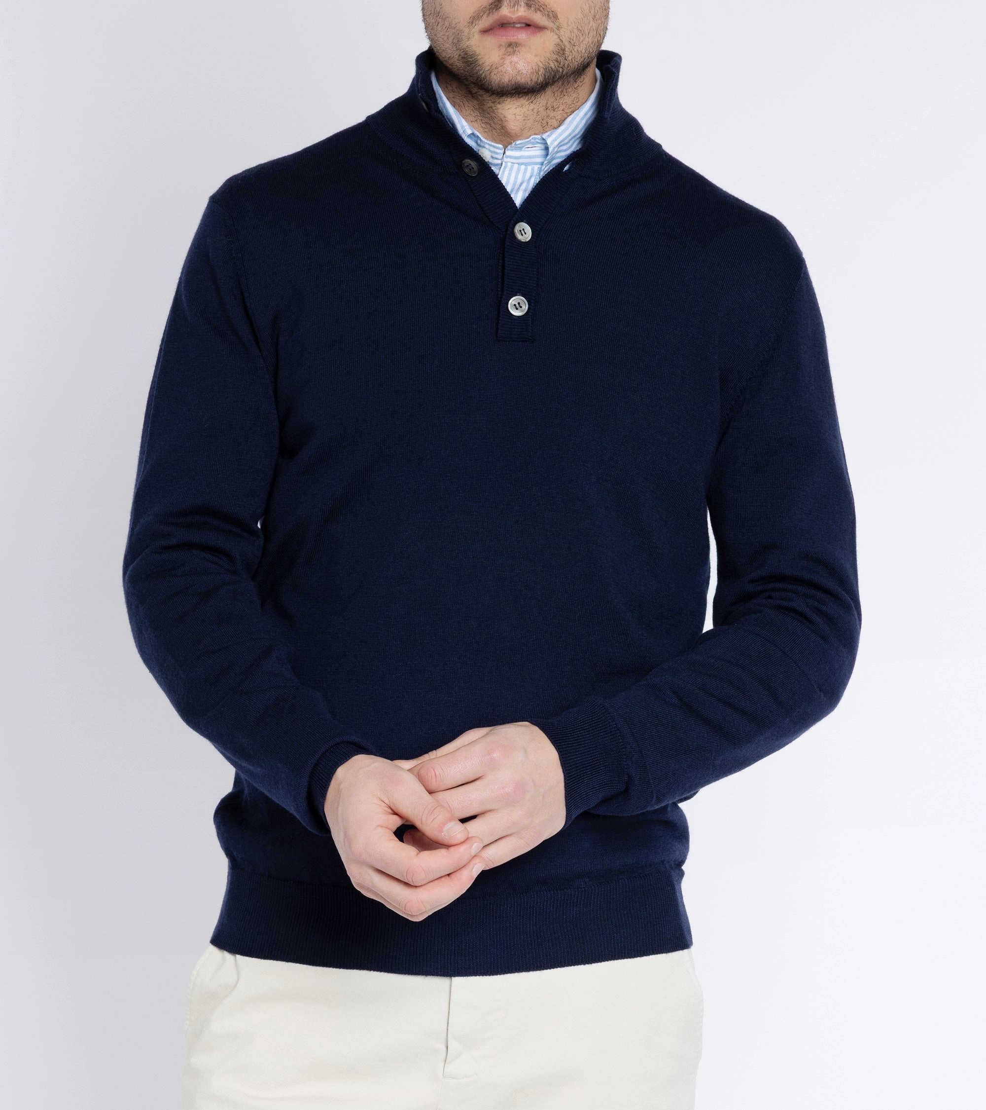Flexible Seam Structure Seasonal Casual Look Trunk Bennet Merino Button Neck Sweater: Navy