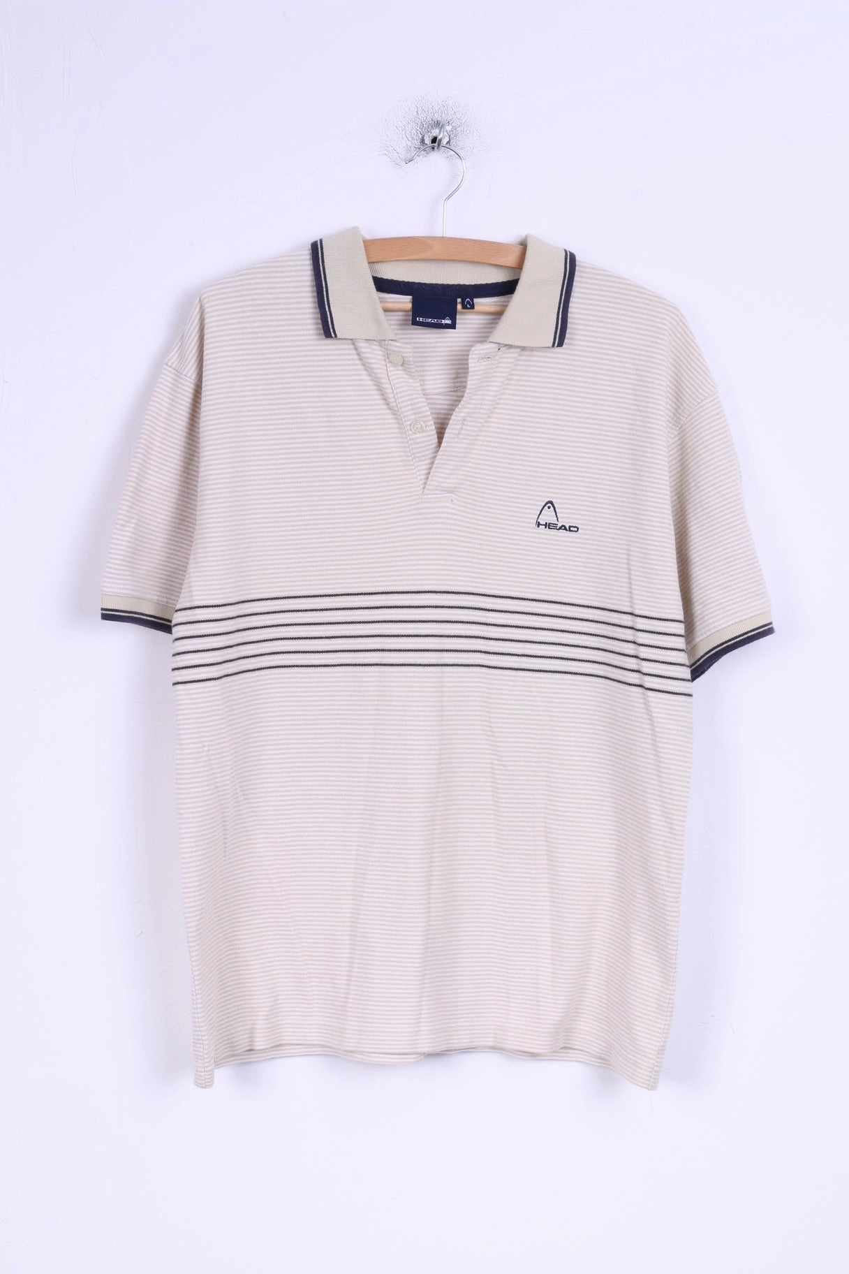 Head Mens L Polo Shirt Beige Striped Detailed Buttons Cotton Slim Comfort