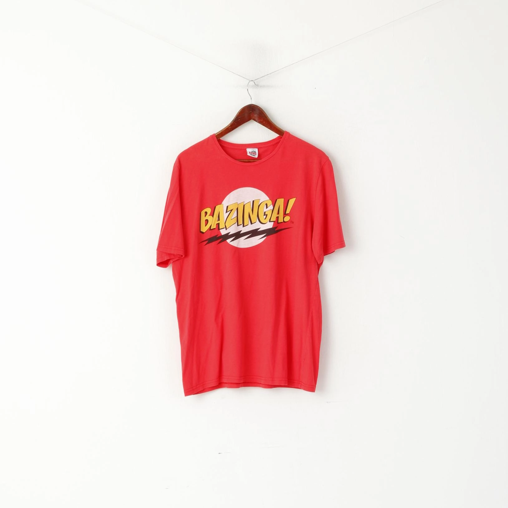 George The Big Bang Theory Men L T- Shirt Red Cotton Graphic Bazinga Crew Neck Top Roomy Comfort