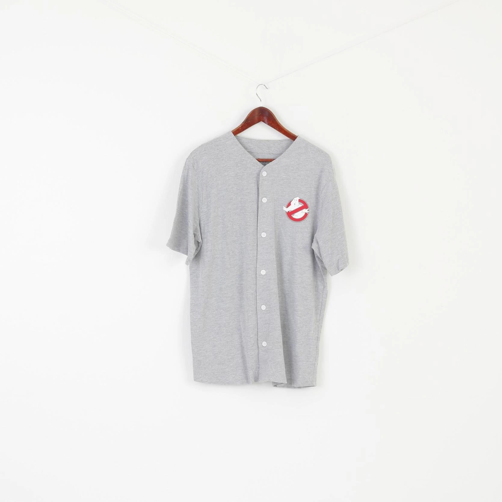 college Ghostbuters Men M Shirt Gray Cotton Vintage Buttoned Graphic #84 Top