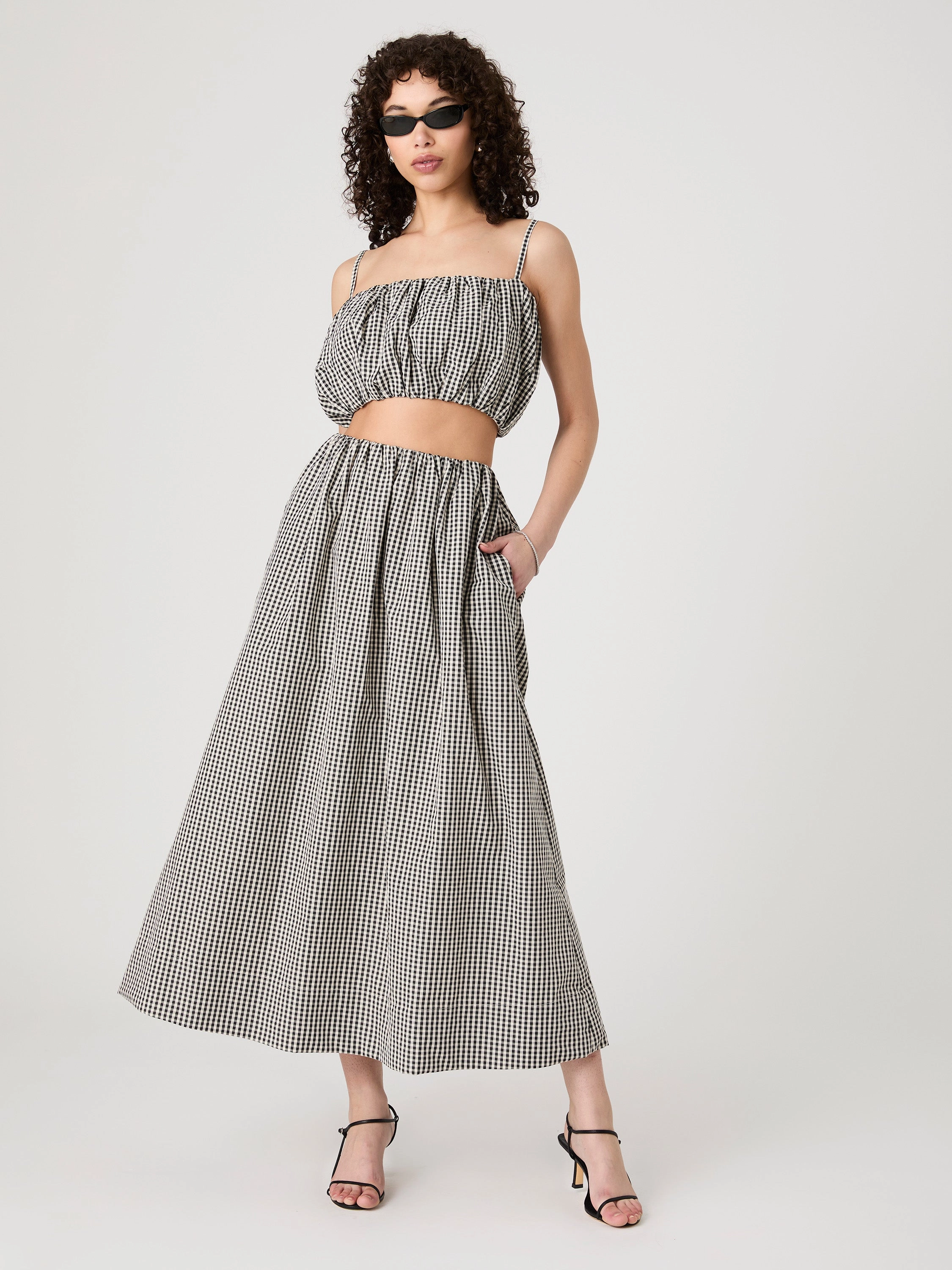 Gingham Ruched Waist Midi Skirt Spandex shorts