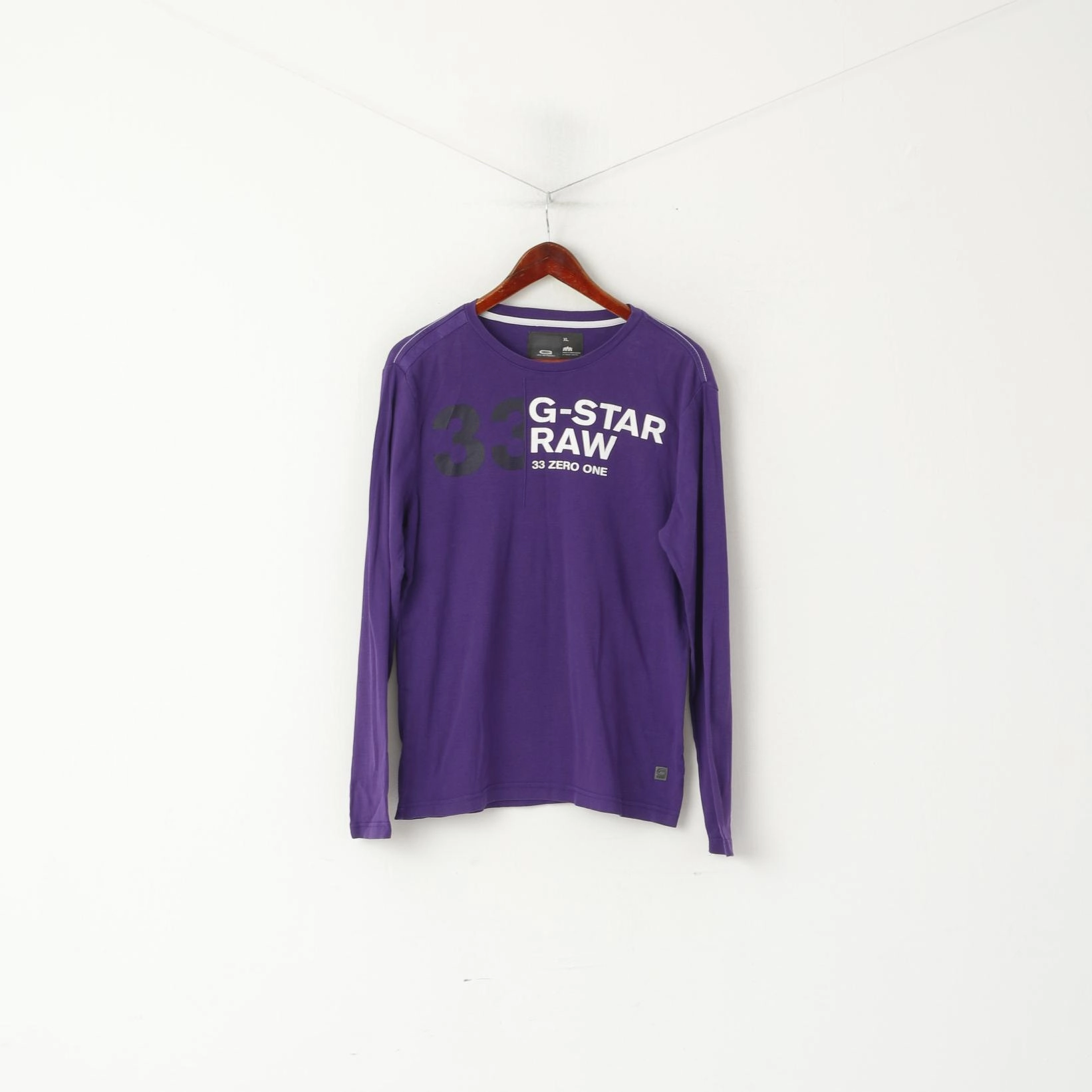 G-Star Men XL (L) Long Sleeved Shirt Purple Cotton Crew Neck Logo Top Anti Shrinkage Treatment