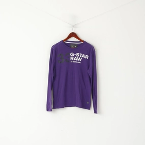 G-Star Men XL (L) Long Sleeved Shirt Purple Cotton Crew Neck Logo Top Anti Shrinkage Treatment