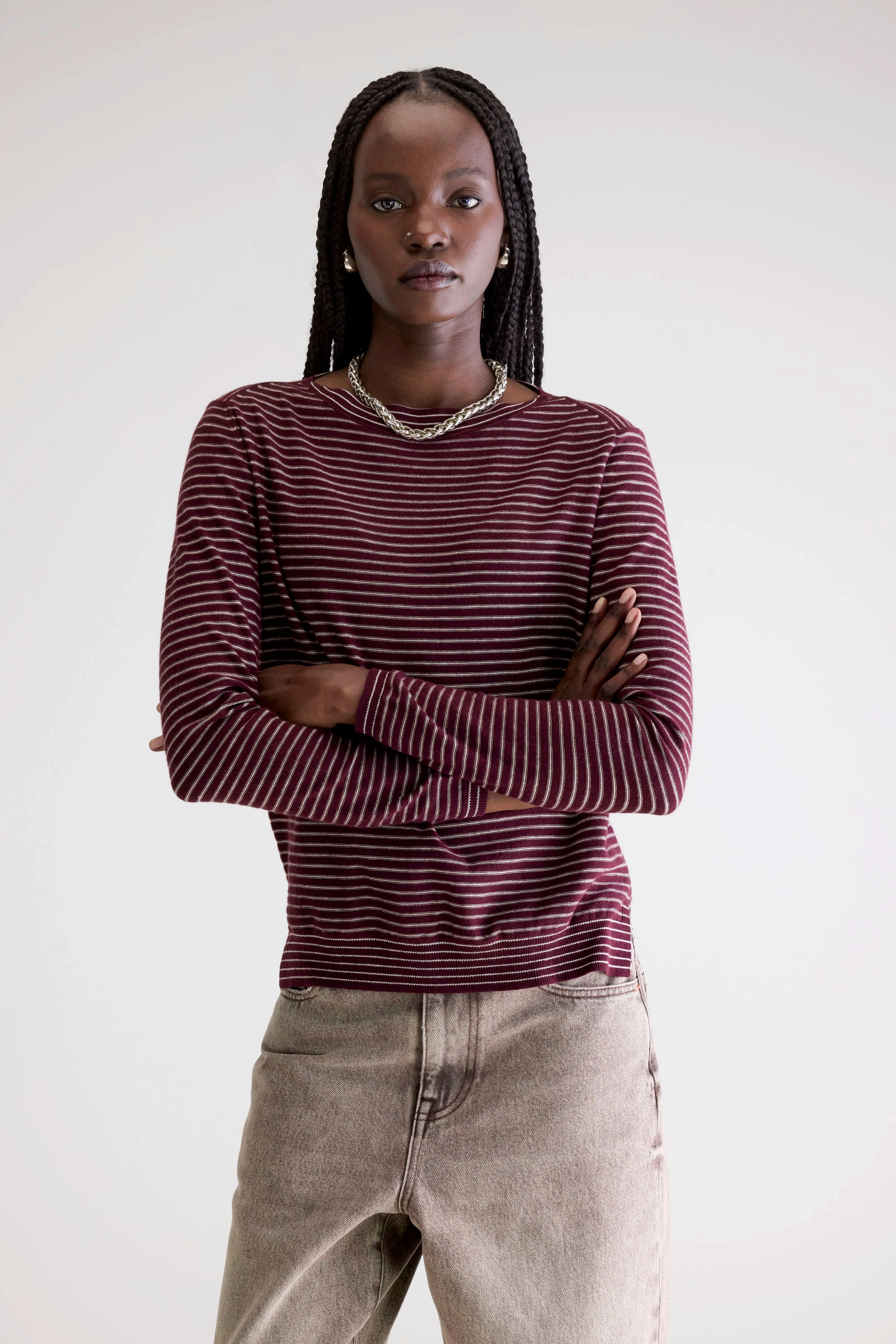 Gop boatneck sweater (252 / W / STRIPE A) Double Layered Hem Fashion Fit