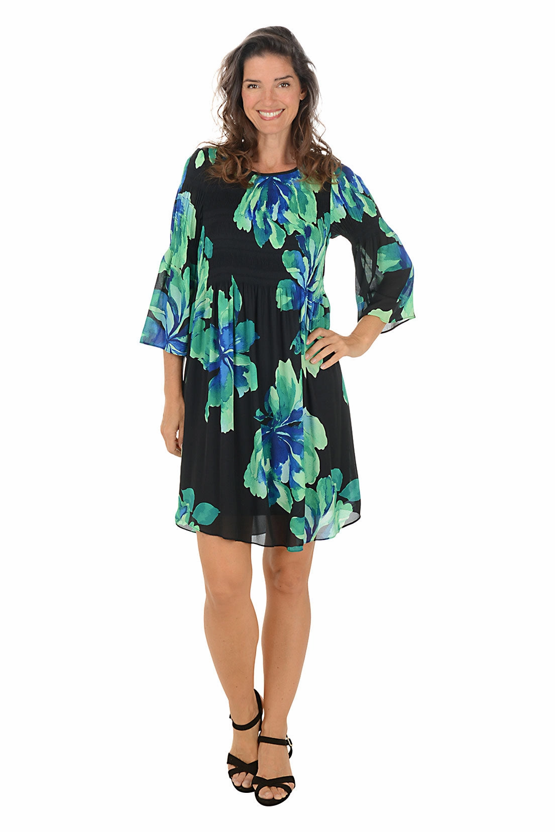 Green Blossoms Pleated Bell Sleeve Dress Dew Glow