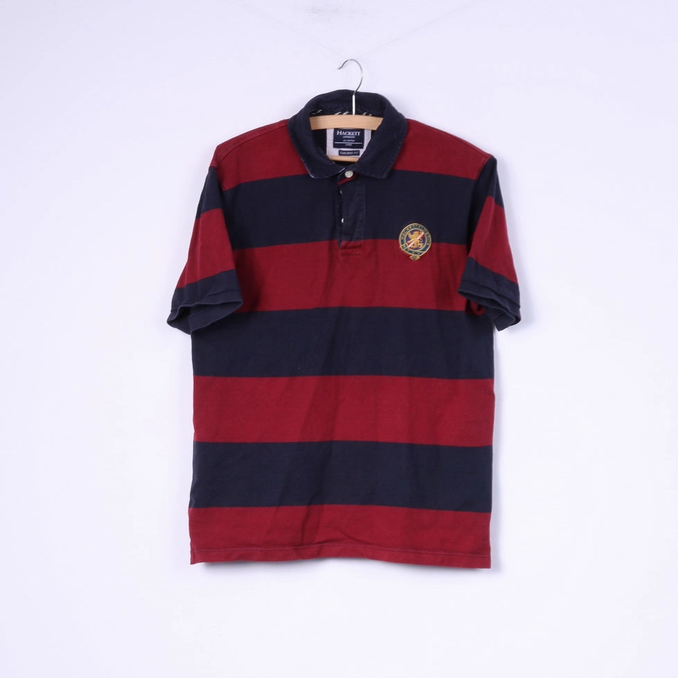 Hackett London Mens L (M) Polo Shirt Striped Navy Red Tailored Fit Cotton Top Complementary Colors