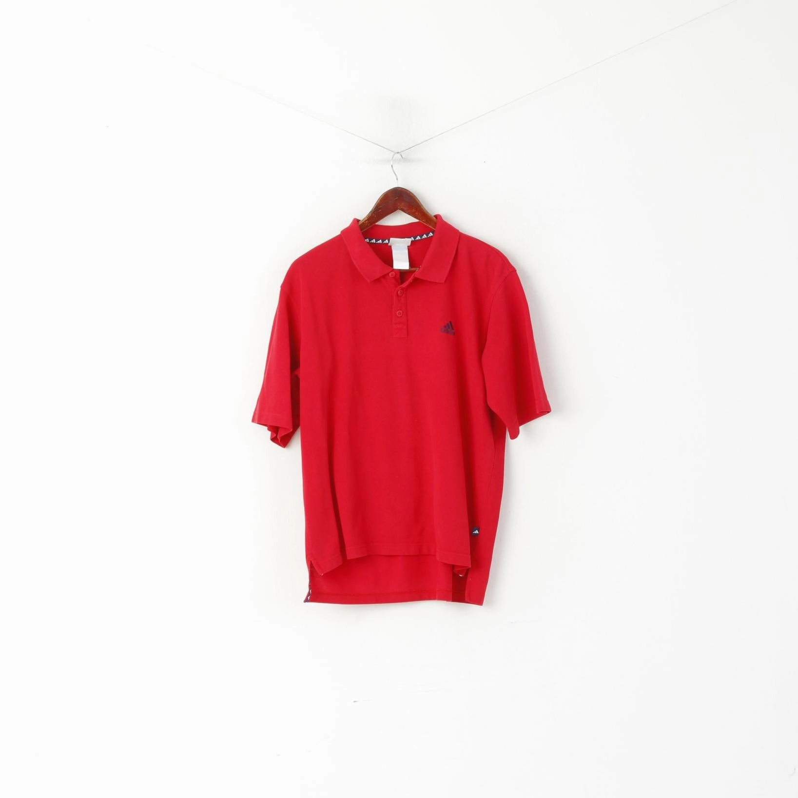 Adidas Men L Polo Shirt Red 100% Cotton Vintage Detailed Buttons Plain Top Easy Layer