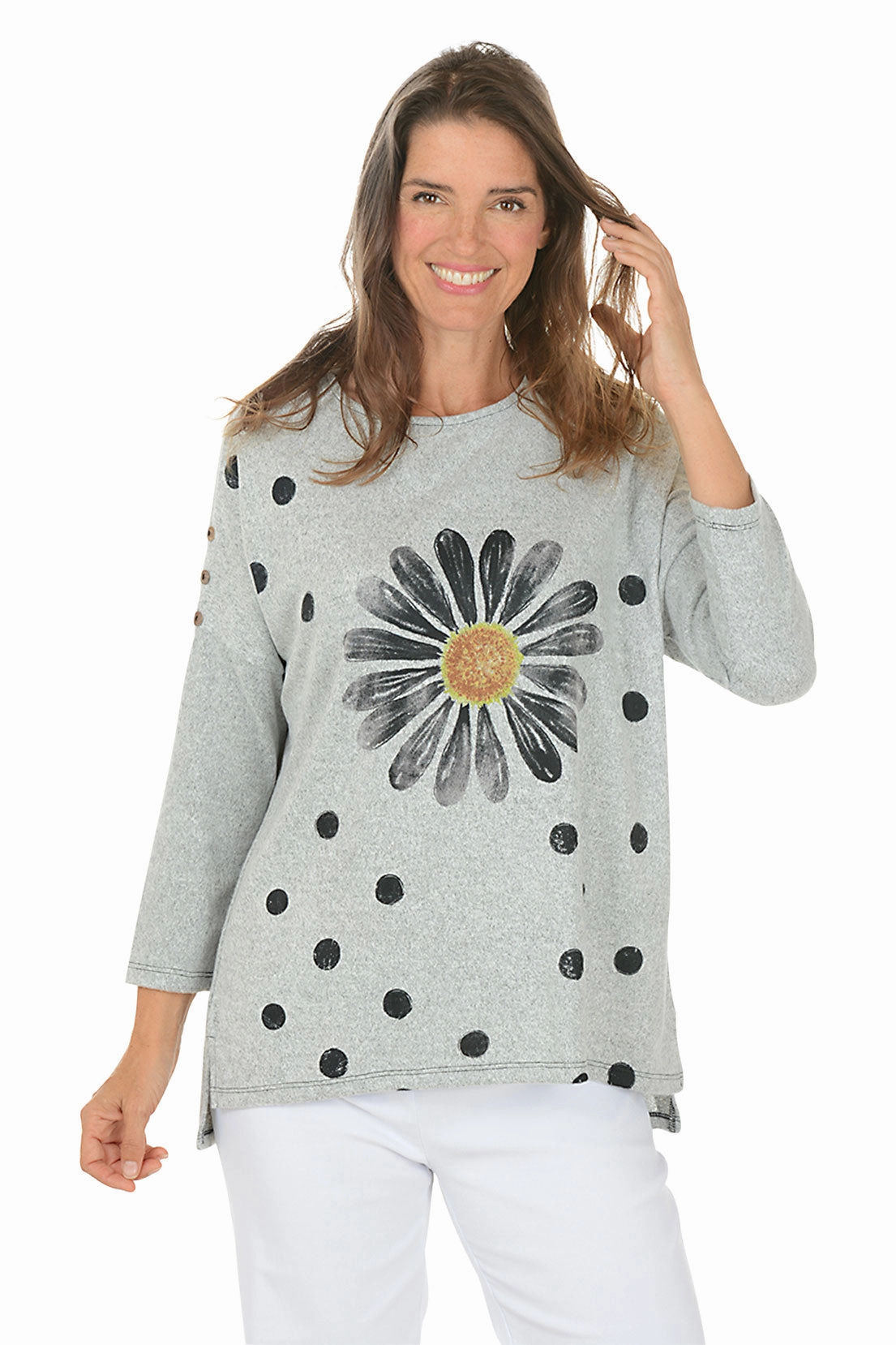 Happy Days Cozy Button Sleeve Top Seasonal piece Quick Slip