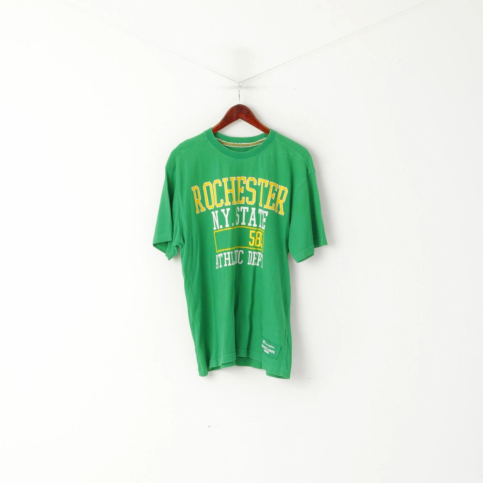 Classic Color Champion Men L T- Shirt Green Cotton Graphic Crew Neck Rochester N.Y. Top