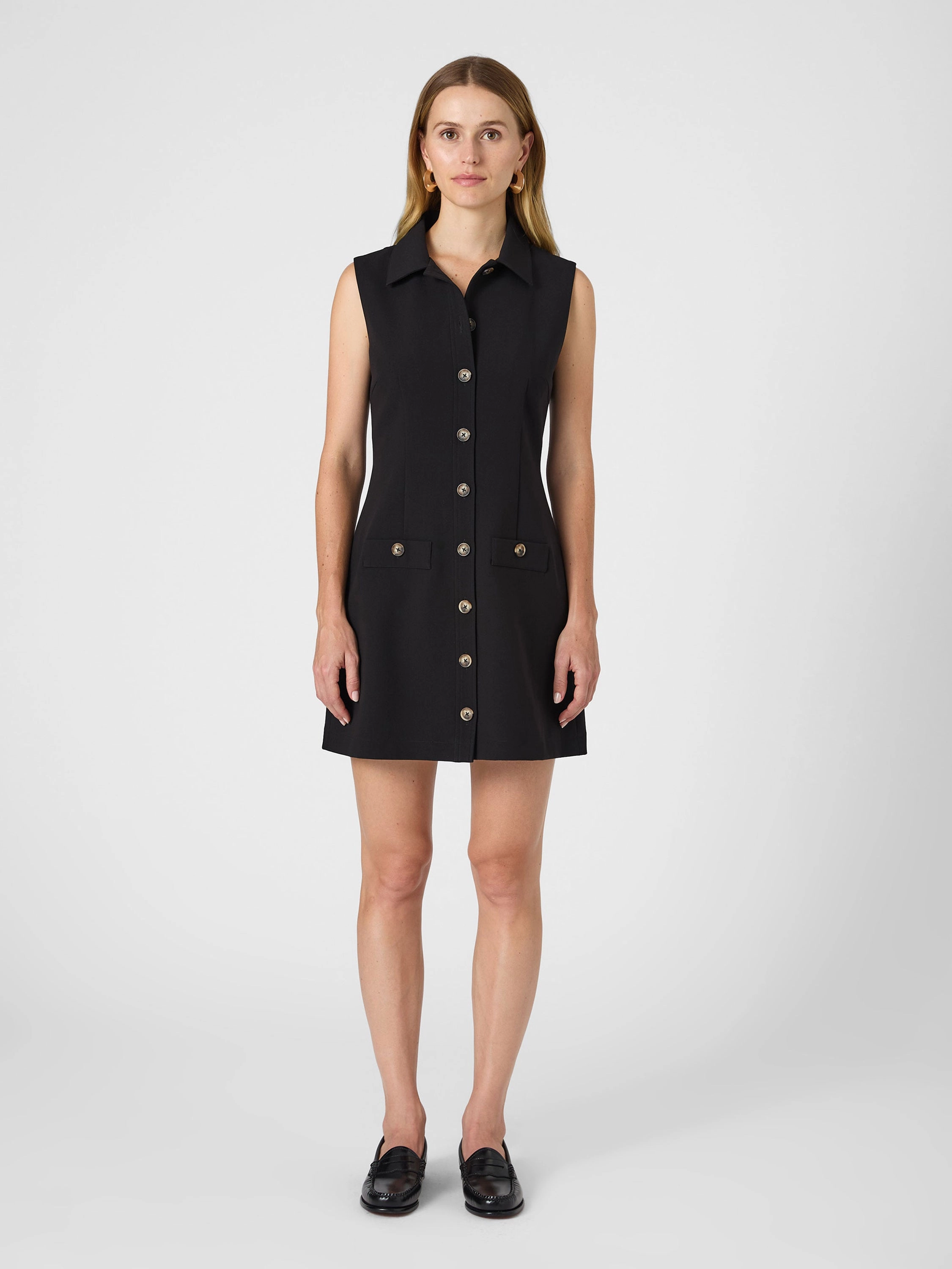 Light Motion Chic Tailoring Azra Twill Sleeveless Button Down Dress