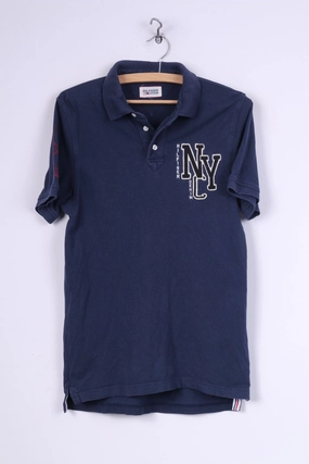 Hilfiger Denim Mens S Polo Shirt Navy Cotton Top Detailed Buttons #8 Slim Waist