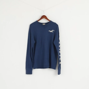 Hollister California Men L Shirt Blue Cotton Surfer Cut  Long Sleeve Fit Top Curved Hem FadeResistantPrint