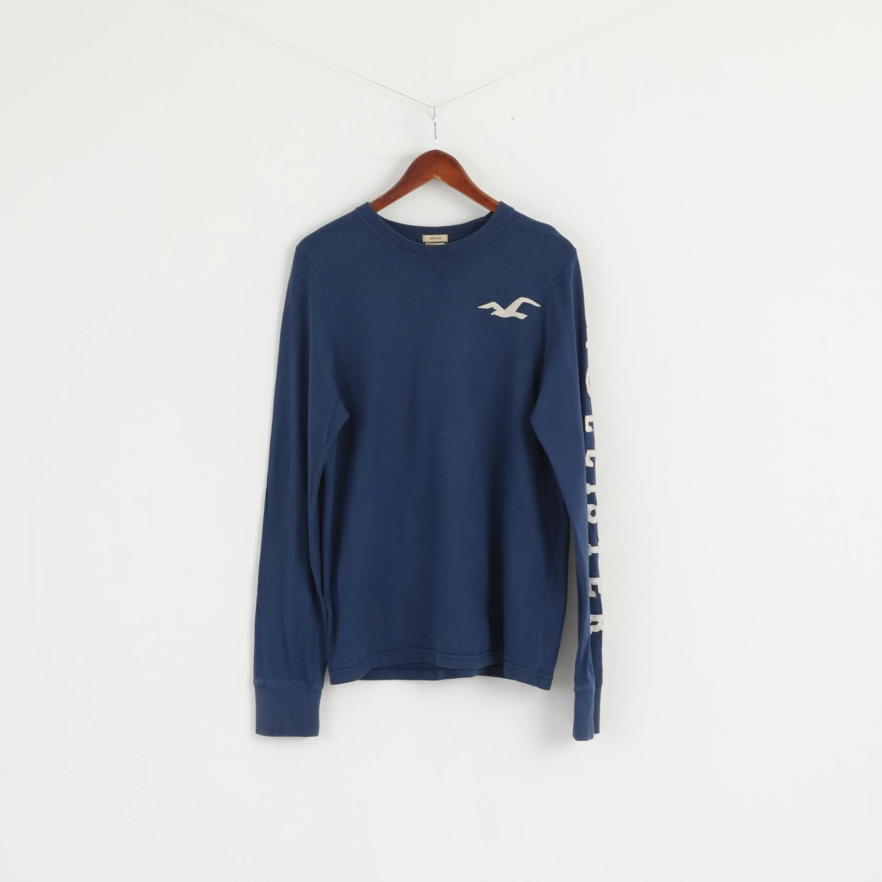 Hollister California Men L Shirt Blue Cotton Surfer Cut  Long Sleeve Fit Top Curved Hem FadeResistantPrint