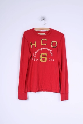 Hollister Mens S Long Sleeved Shirt Red Cotton Crew Neck Embroidered HCO UV resistant Button Down