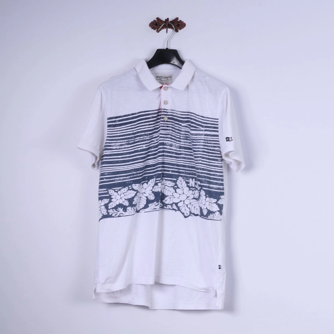 Comfy Fit Wear Nautica Jeans Co. Mens L Polo Shirt White Cotton Blue Summer Print Detailed Buttons