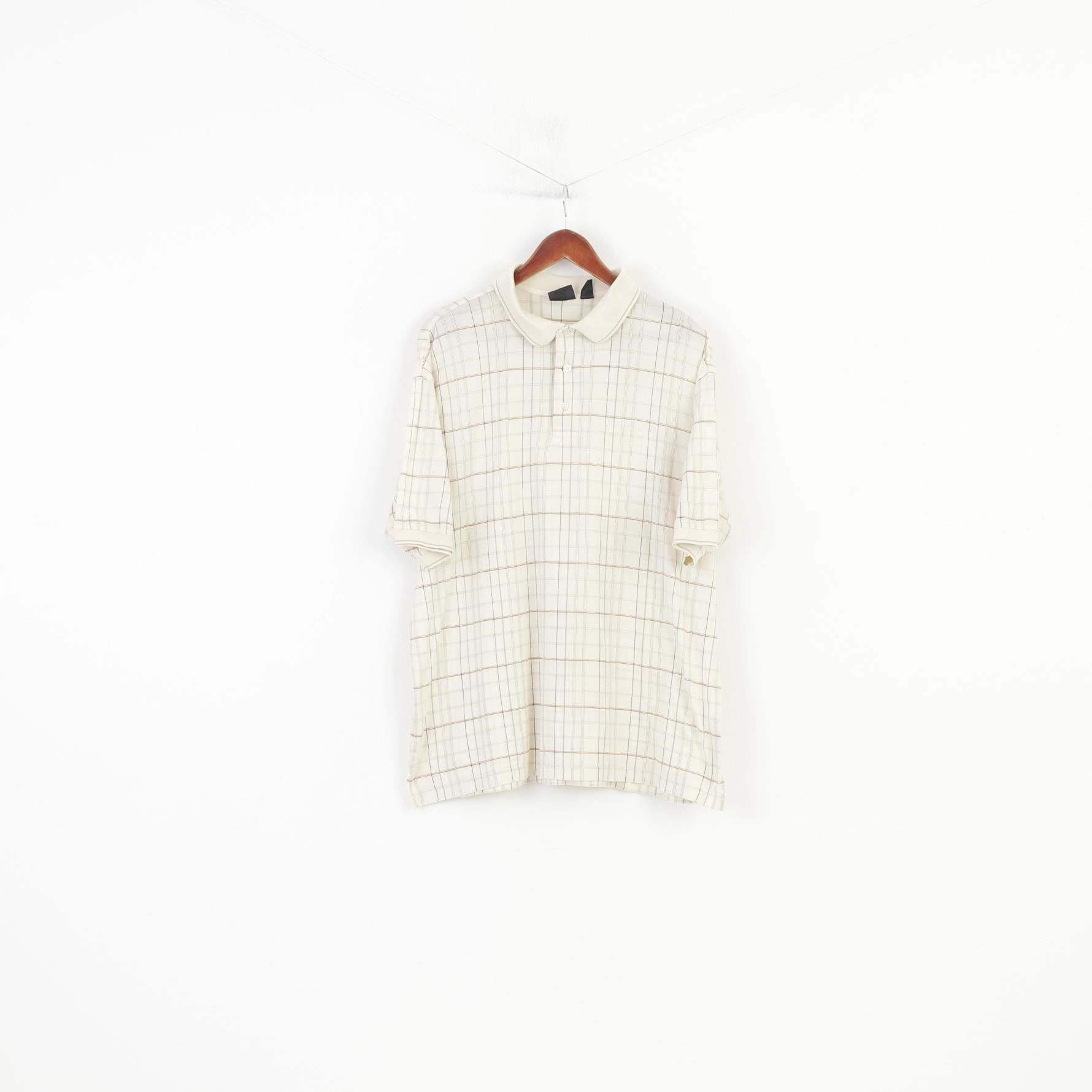 Versatile Style Ping Men L Polo Shirt Short Sleeve Cotton Checkered Cream Collar Vintage Top