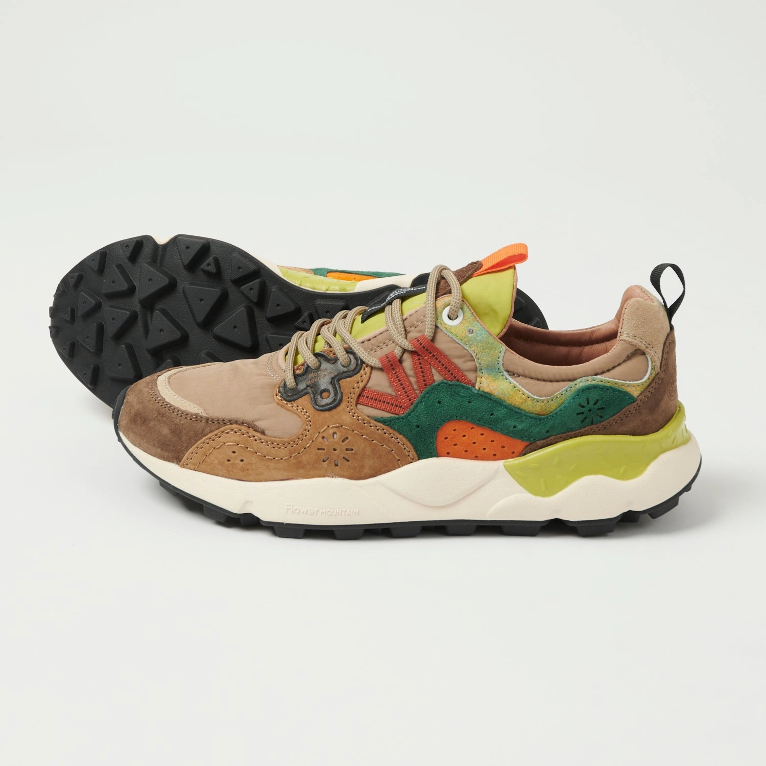 Flower Mountain Yamano 3 Suede/Nylon Sneaker - Brown-Green/Pastel Heat Dissipation Tech Ventilated Side