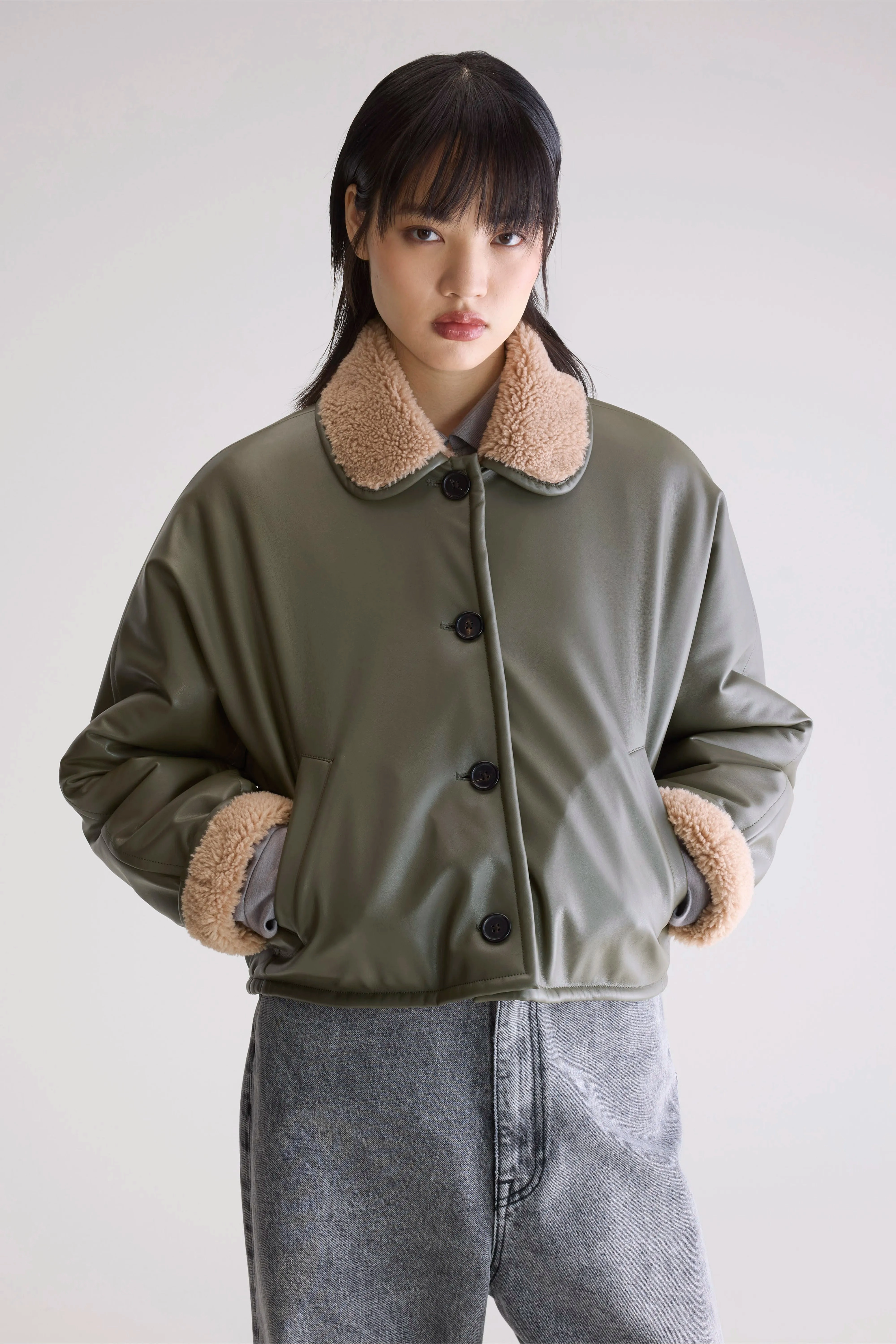 Fur Trim City Commuter Josh faux leather jacket (252 / W / SAGE)