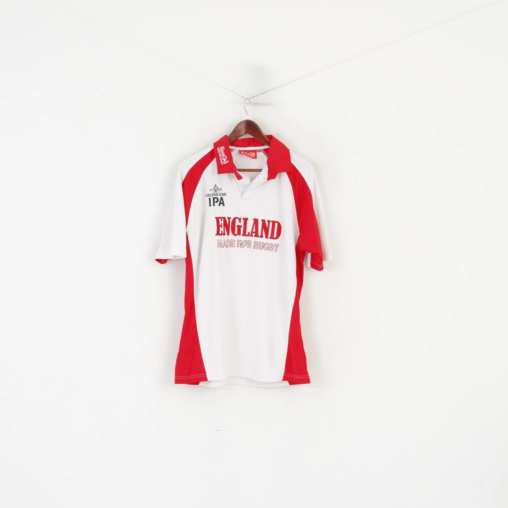 Layered Style Non Iron Finish Kooga Men L Polo Shirt White Red England Rugby Greene King IPA Sportswear Top