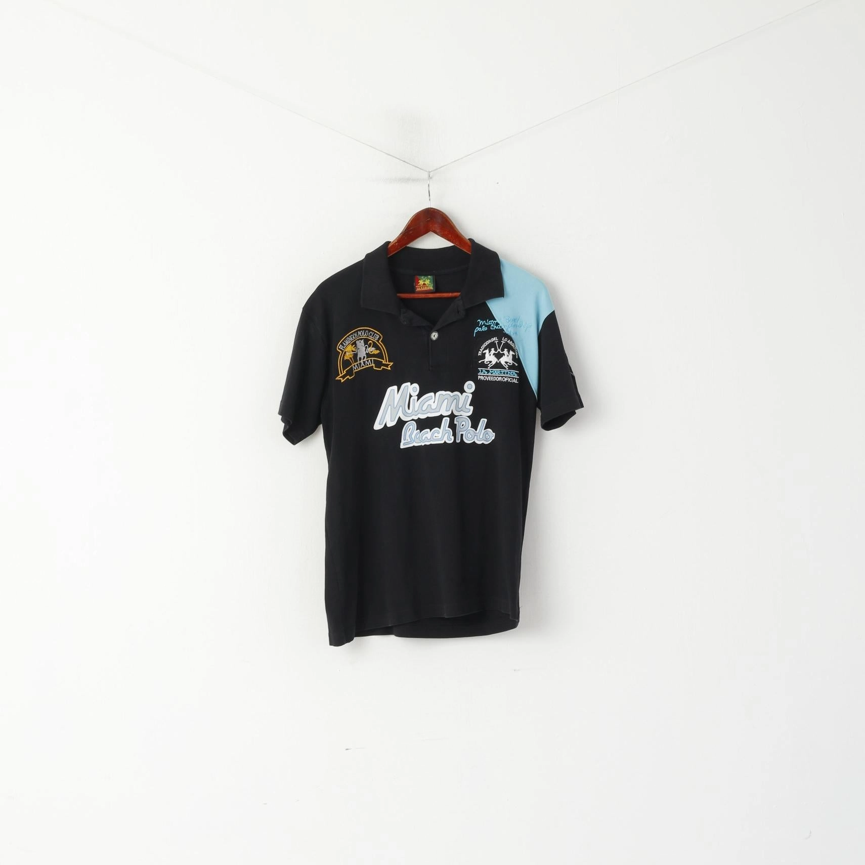 La Martina Men XL Polo Shirt Black Cotton Miami Beach Polo Championship Top Soft Fit Wear