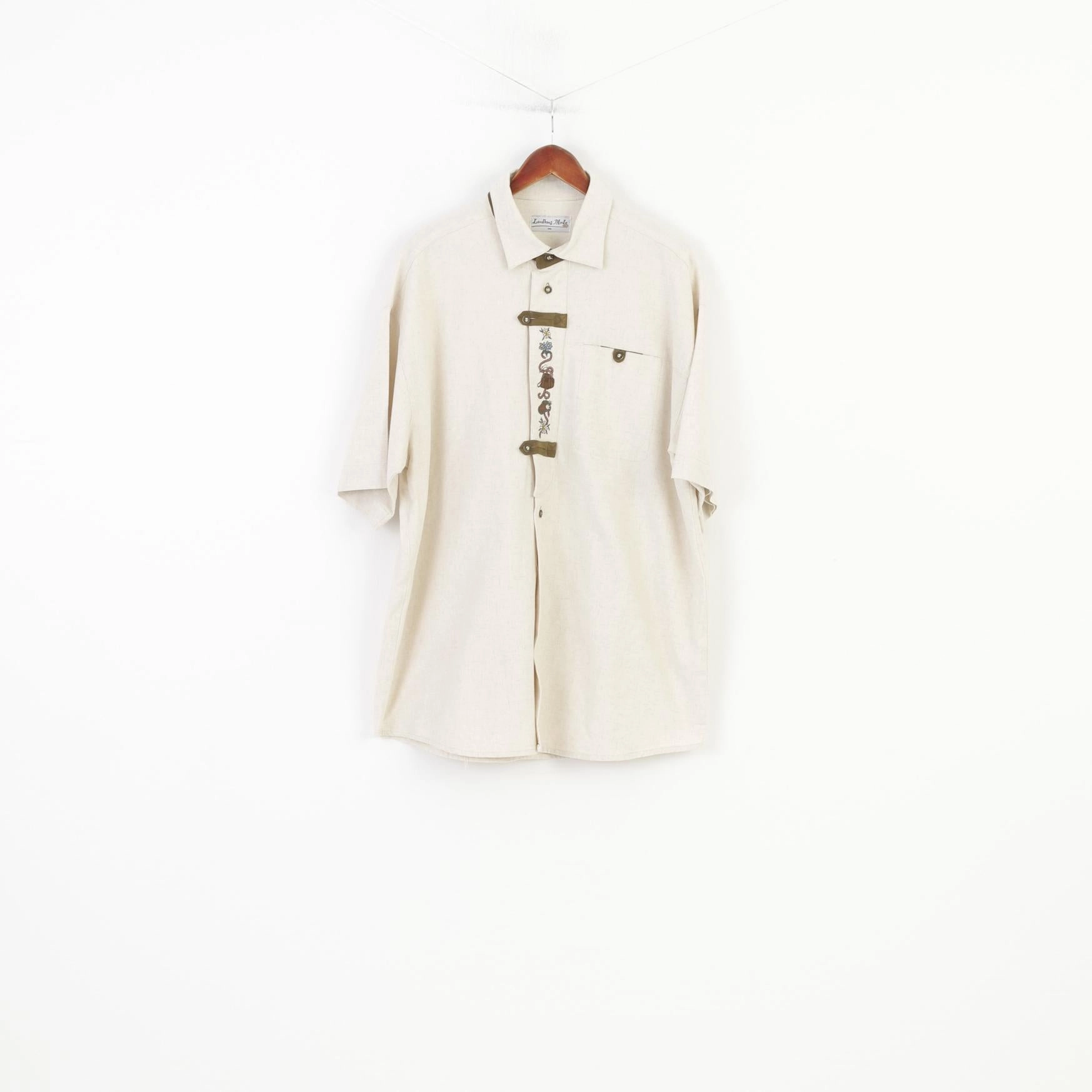 Adjustable Fit Landhaus Mode Men XXL Casual Shirt Cream Linen Trachten Short Sleeve Vintage  Country Top