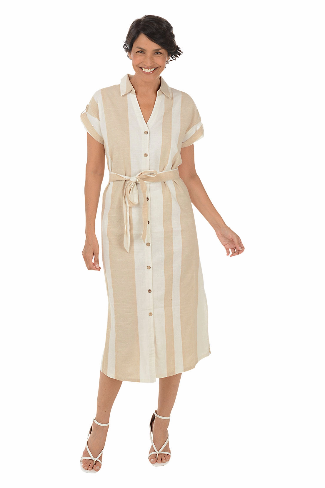 Fashionable Touch Sand Striped Button-Front Dress