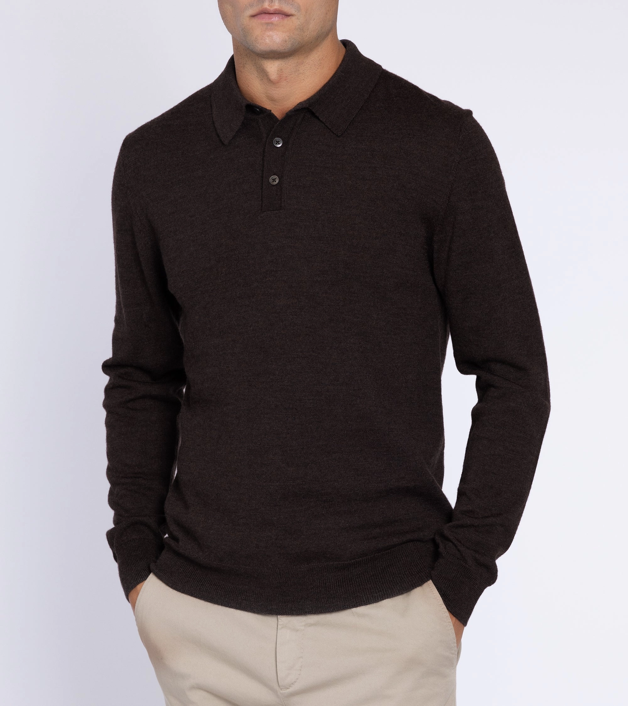 Trunk Enford Merino Knit Long Sleeve Polo Shirt: Mole Brown AntiStatic Yarn