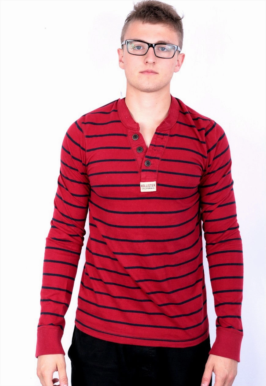 Hollister Mens M T-Shirt Long Sleeve Red Cotton Striped Chilly Comfort Wear Teenager coolness