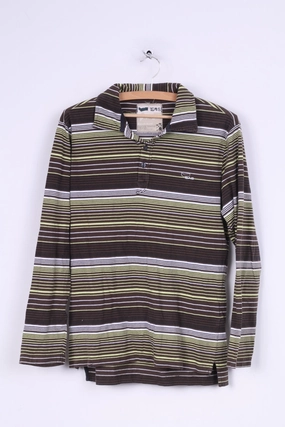 Effortless Wearable Gas Mens S Polo Shirt Brown Striped Long Sleeve Cotton