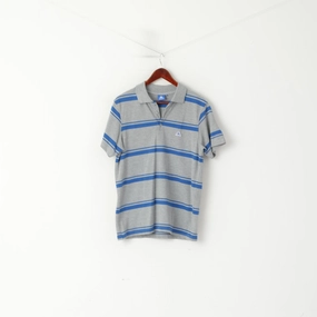 yoga clothing Stretchable Weave Le Coq Sportif Men M Polo Shirt Grey Blue Striped Cotton Detailed Buttons Top
