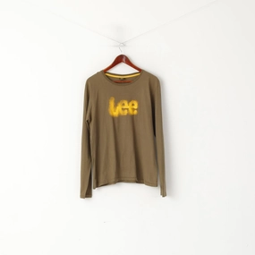 Lee Men XL Long Sleeved Shirt Khaki Cotton Logo Crew Neck Stretch Top Casual Layer Look Casual Essentials Wear