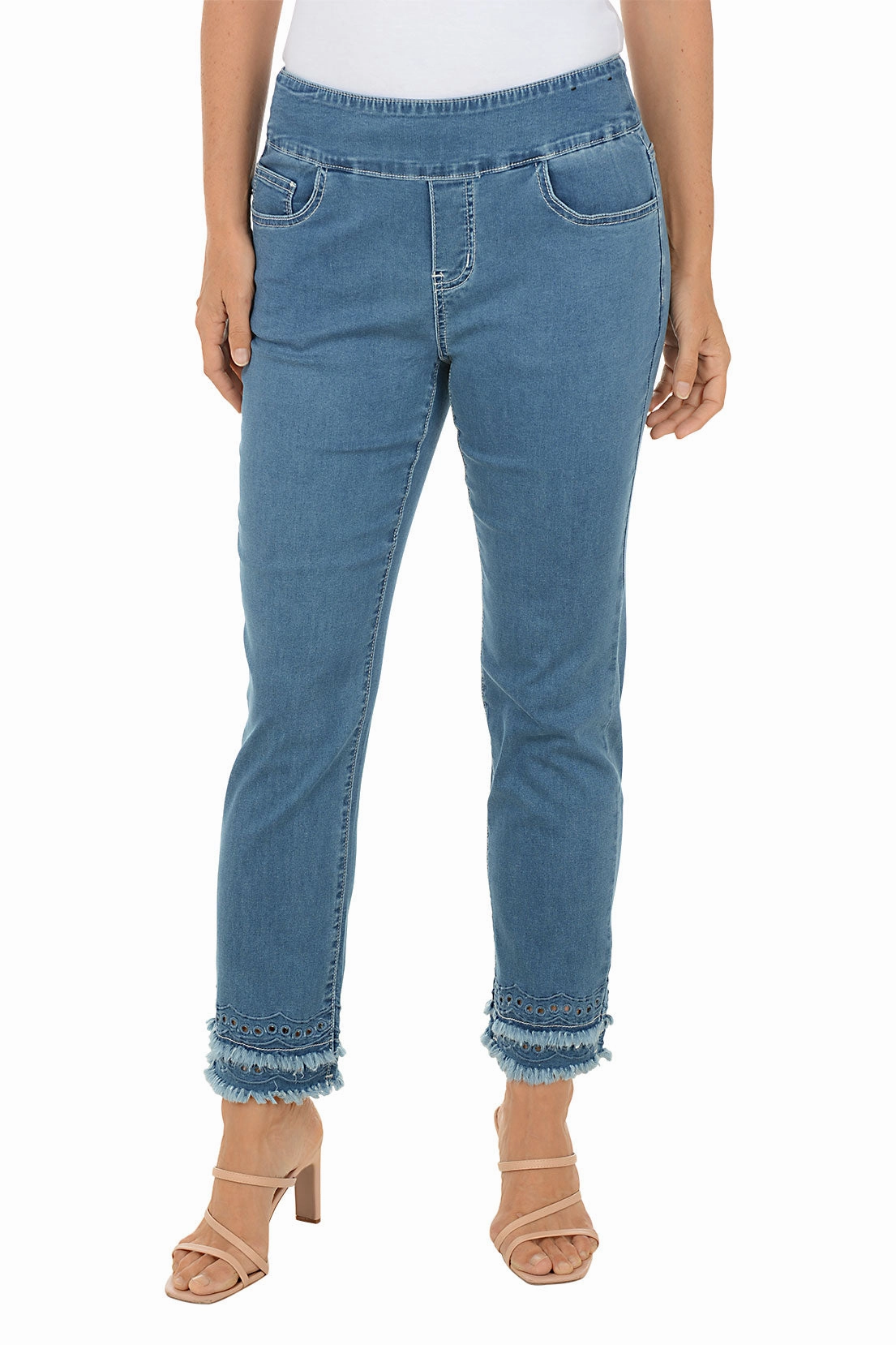 Light Denim Double Fringe Eyelet Ankle Pant Packable design FlexibleStretchWeave