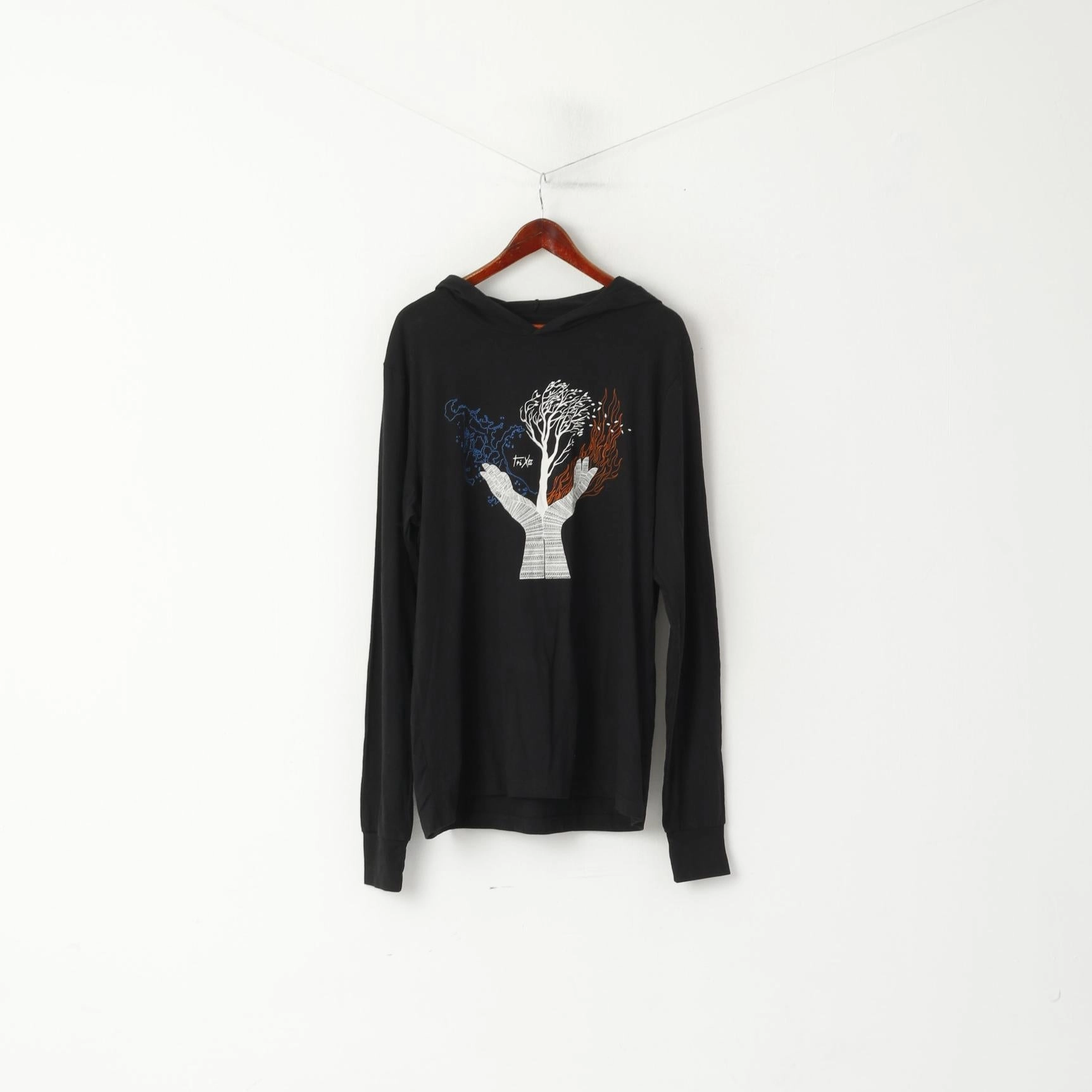 TriXta Men XL Shirt Black Artistic Tribal Collection Long Sleeve Hooded Graphic Top Breathable Wearable