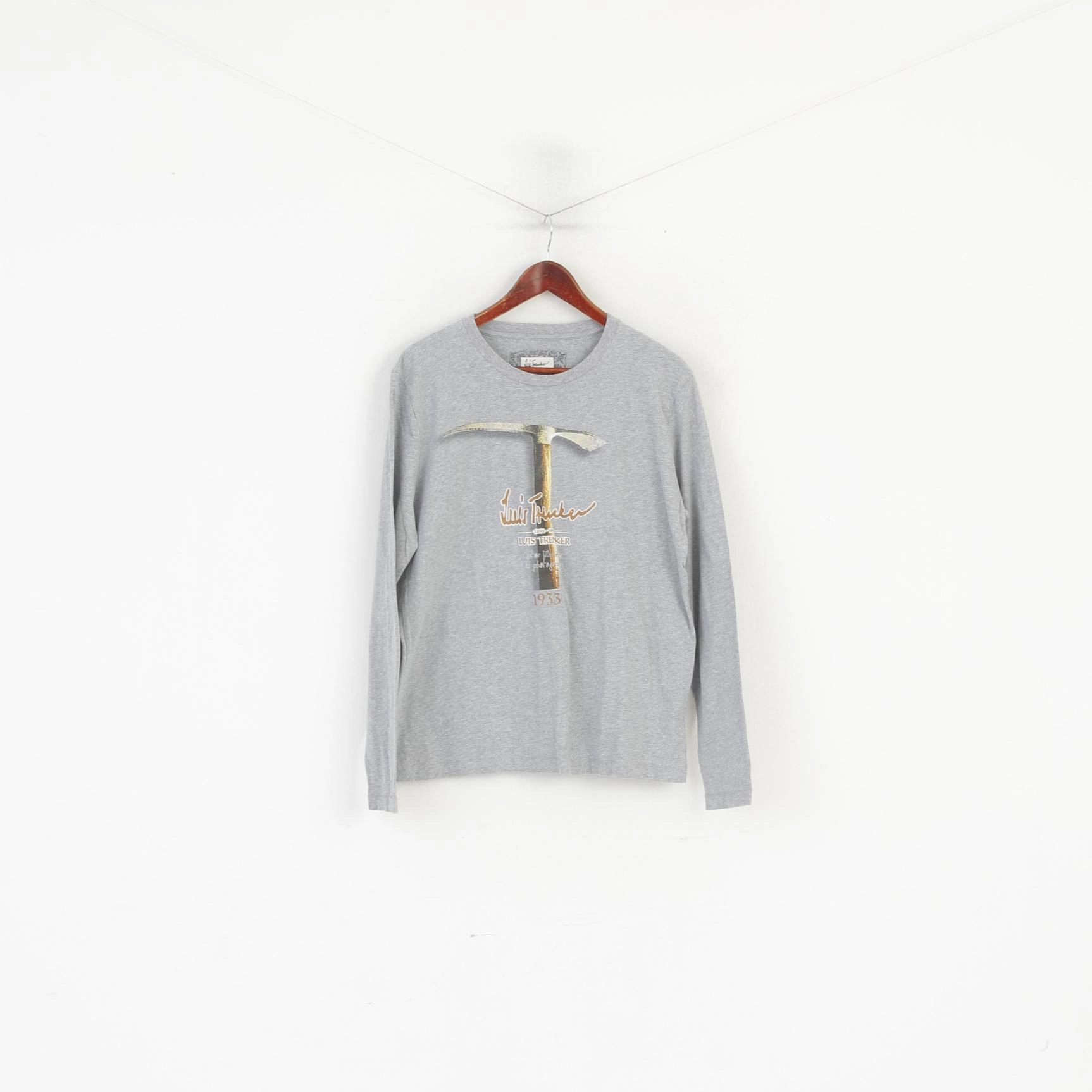 Luis Trenker Men M Long Sleeved Shirt Grey Cotton Graphic Stretch Top Cashmere combination