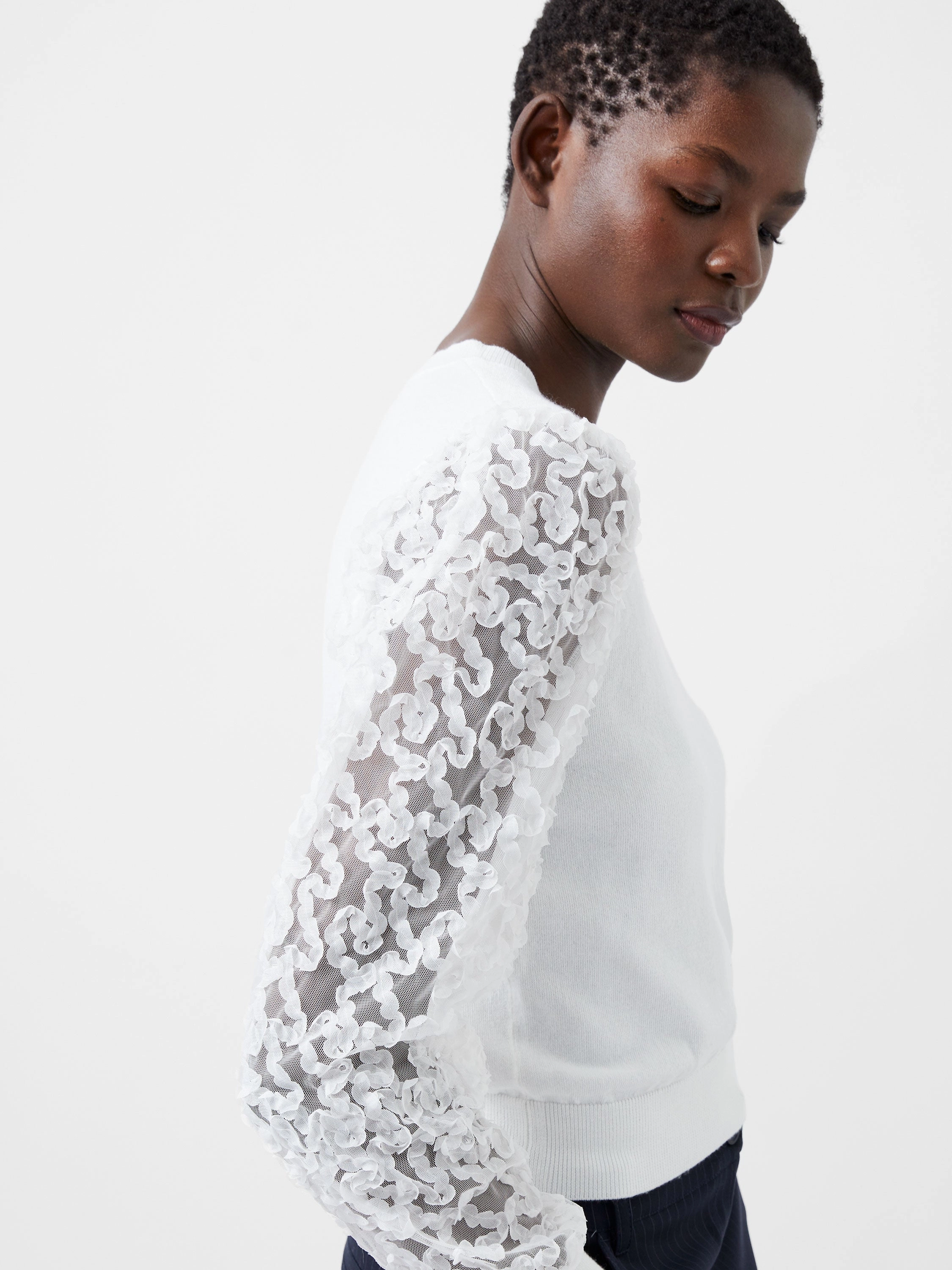 Lightweight Thermal Weave Luvy Embroidered Mesh Sleeve Sweater